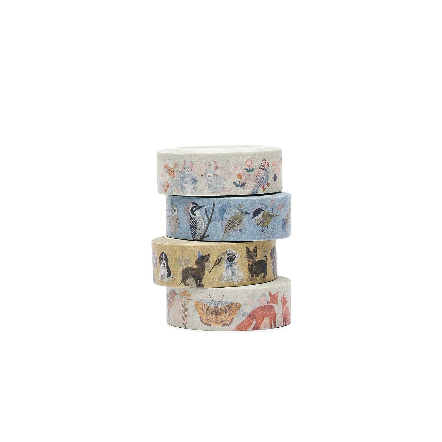 Four rolls of decorative tape with various animal patterns on a white background