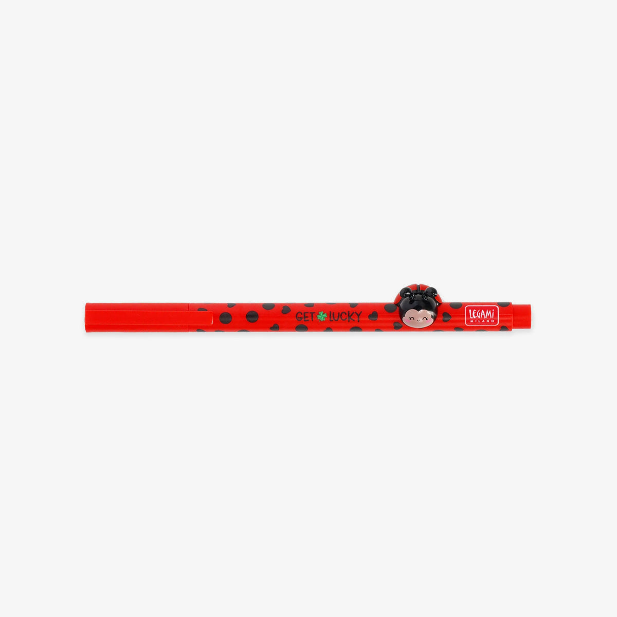 Red gel pen with a ladybug design on a white background