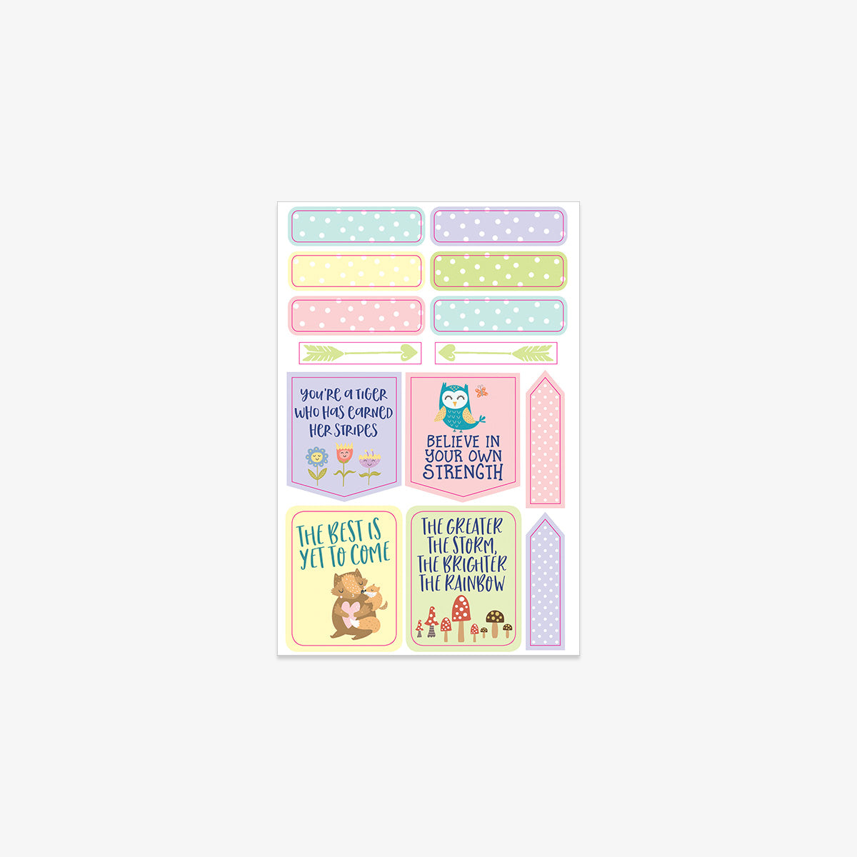 Set of colorful stickers with motivational phrases and illustrations