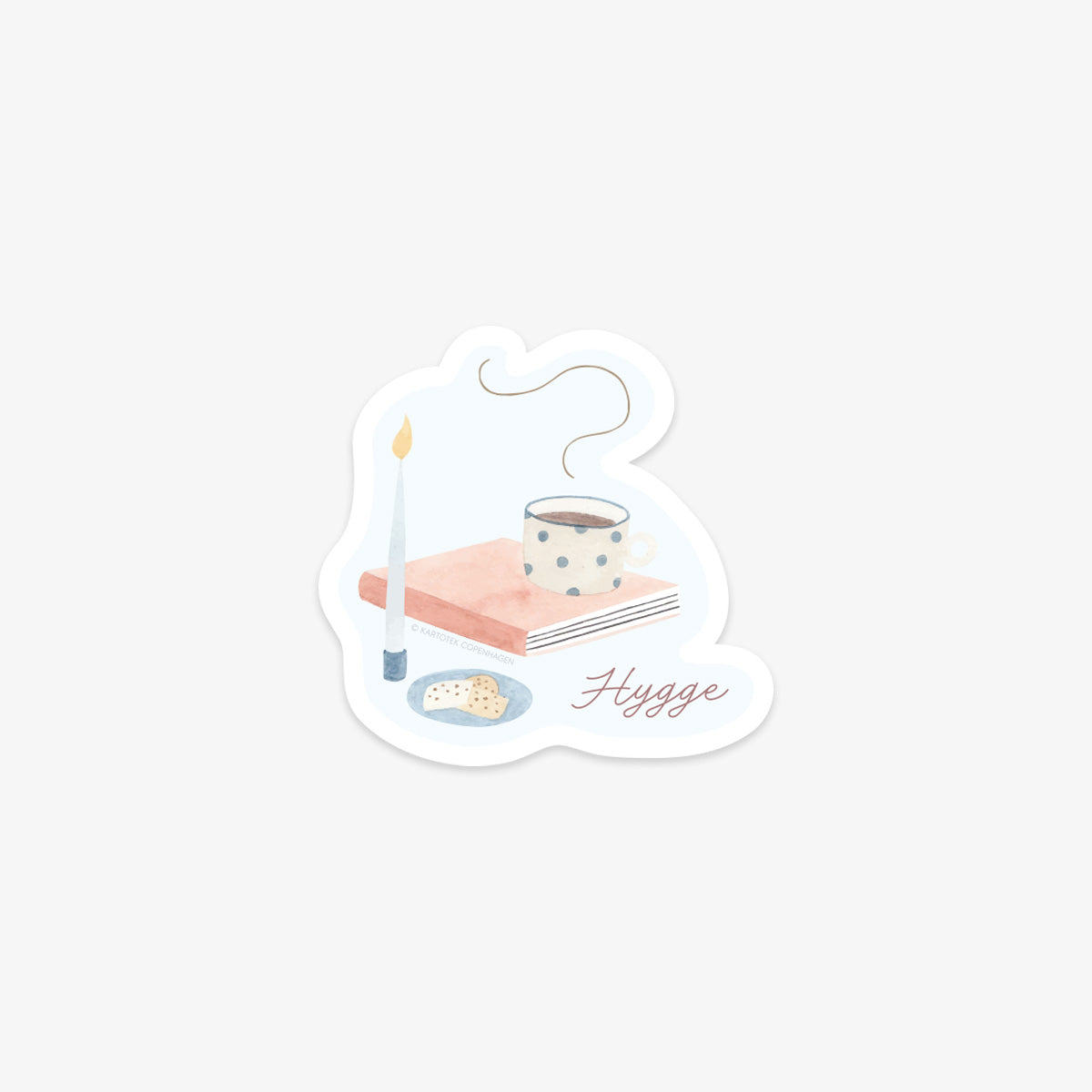 Vinyl sticker with a candle, cup of coffee, cookies, and book on a light blue background with 'Hygge' text.