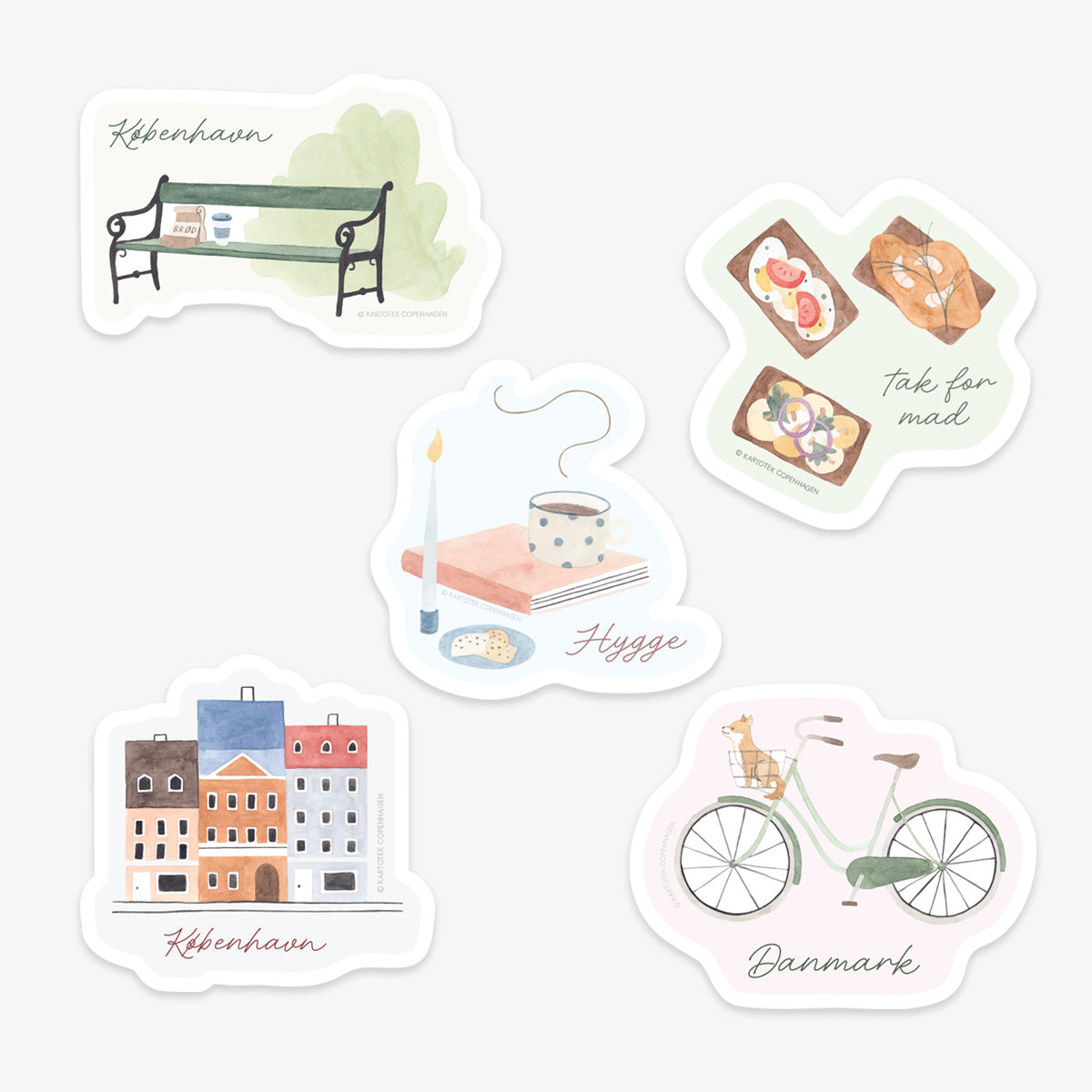 Set of illustrated stickers featuring Danish-inspired illustrations like a Copenhagen bench, bicycle, Nyhavn, hygge, and the Danish open-faced sandwich 'smørrebrød' on a white background.