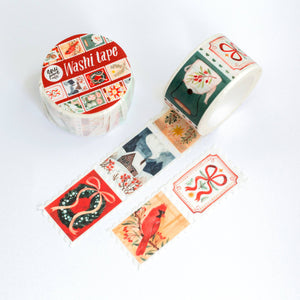 Decorative washi tape with christmas,  animal and nature-themed designs on a white background