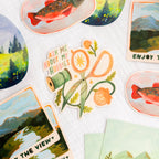 Collection of colorful stickers with nature-themed designs and text on a white background.