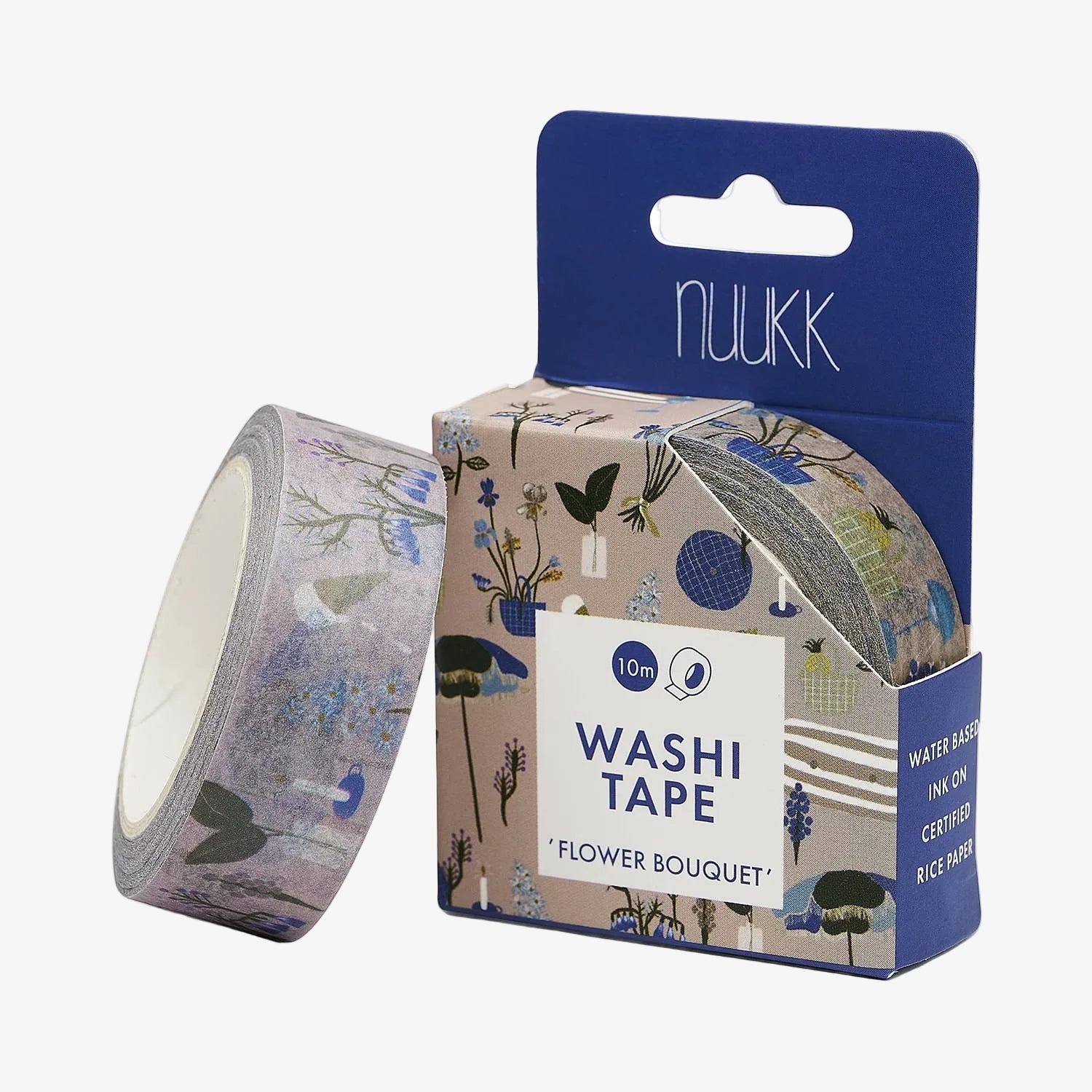 Washi tape with floral design and packaging displaying 'nukk' brand on a white background