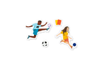 Sticker illustrations of two soccer players with a ball and flag on a white background