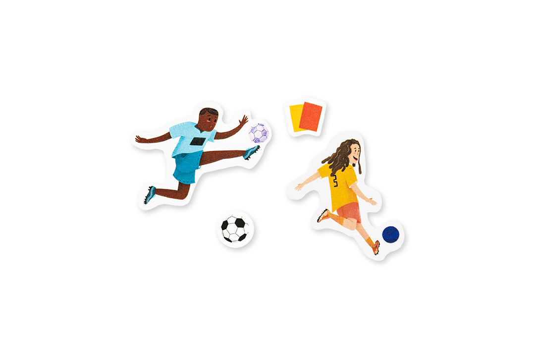 Sticker illustrations of two soccer players with a ball and flag on a white background