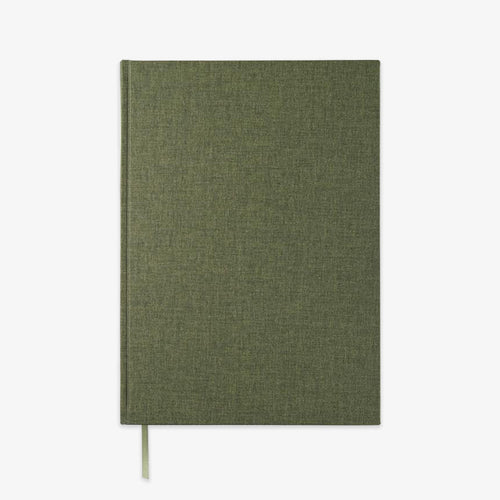 A hardcover notebook with a textured khaki linen cover and a matching ribbon bookmark, shown against a plain white background.