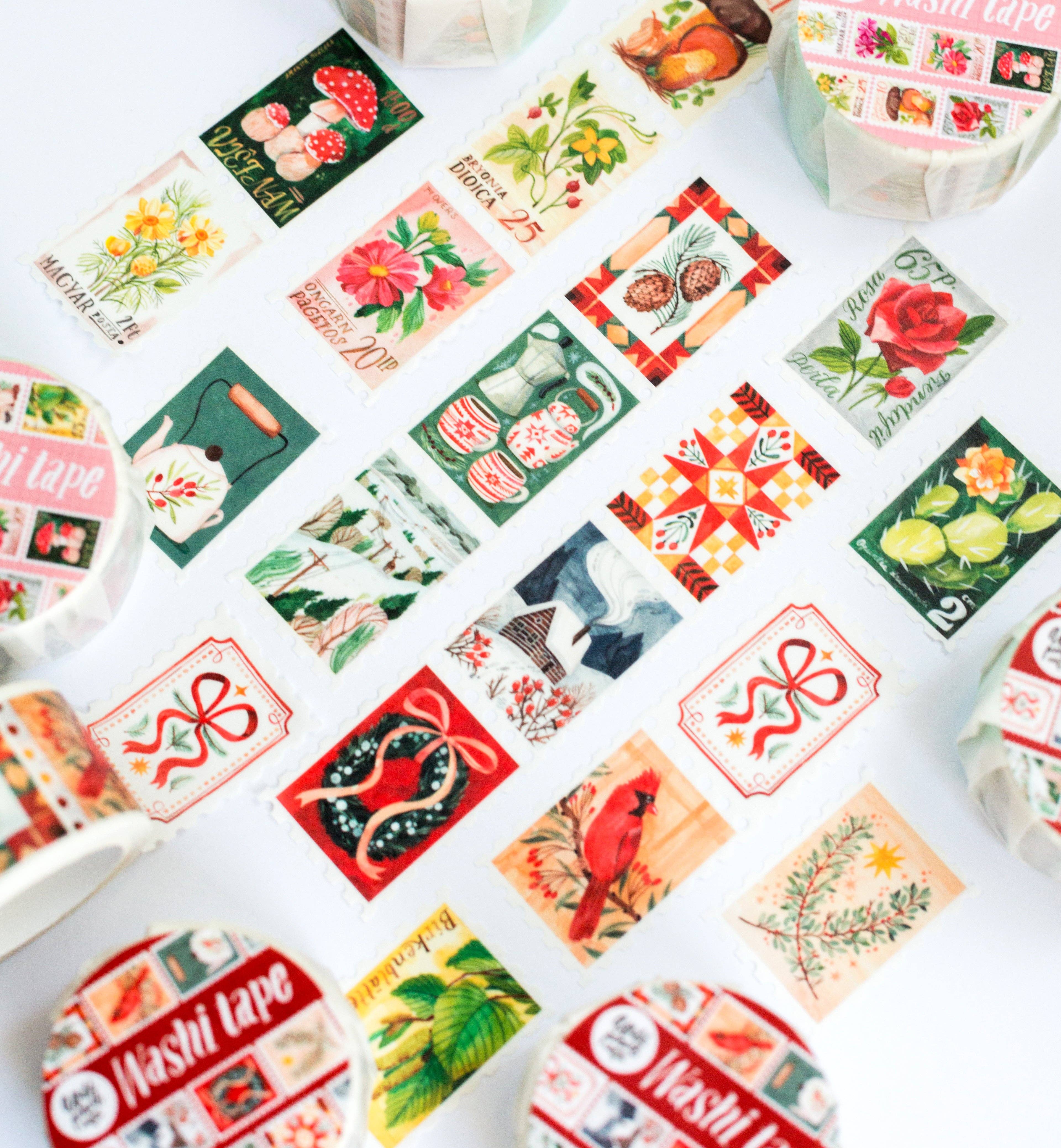 Collection of decorative christmas tape designs on a white surface