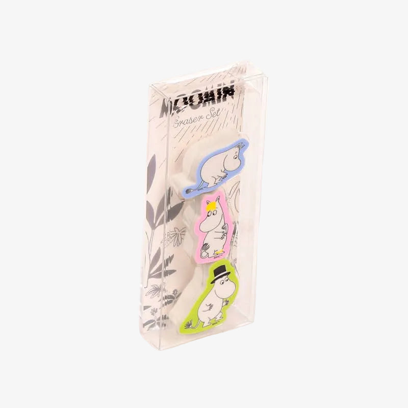 Packaged set of Moomin-themed erasers with a white background