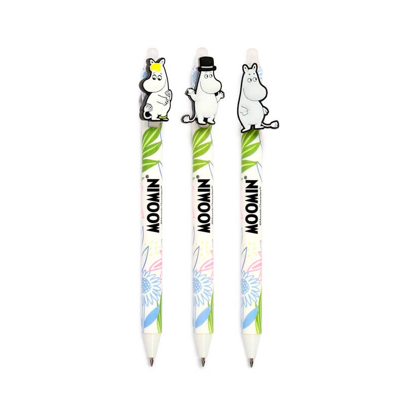 Three Moomin-themed pens with cartoon characters on a white background