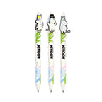Three Moomin-themed pens with cartoon characters on a white background