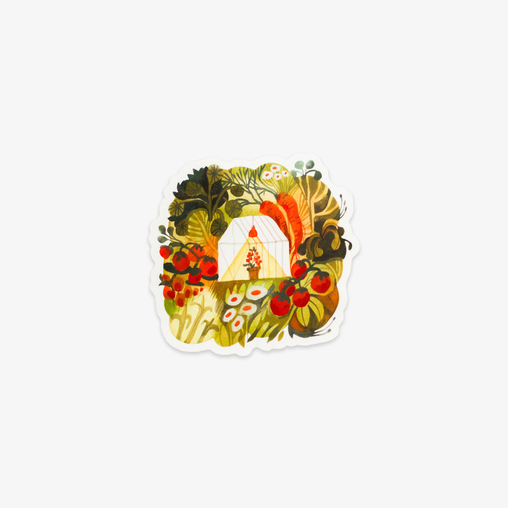 A die-cut sticker featuring a whimsical illustration of a greenhouse surrounded by autumn foliage, red berries, and wildflowers on a light gray background.