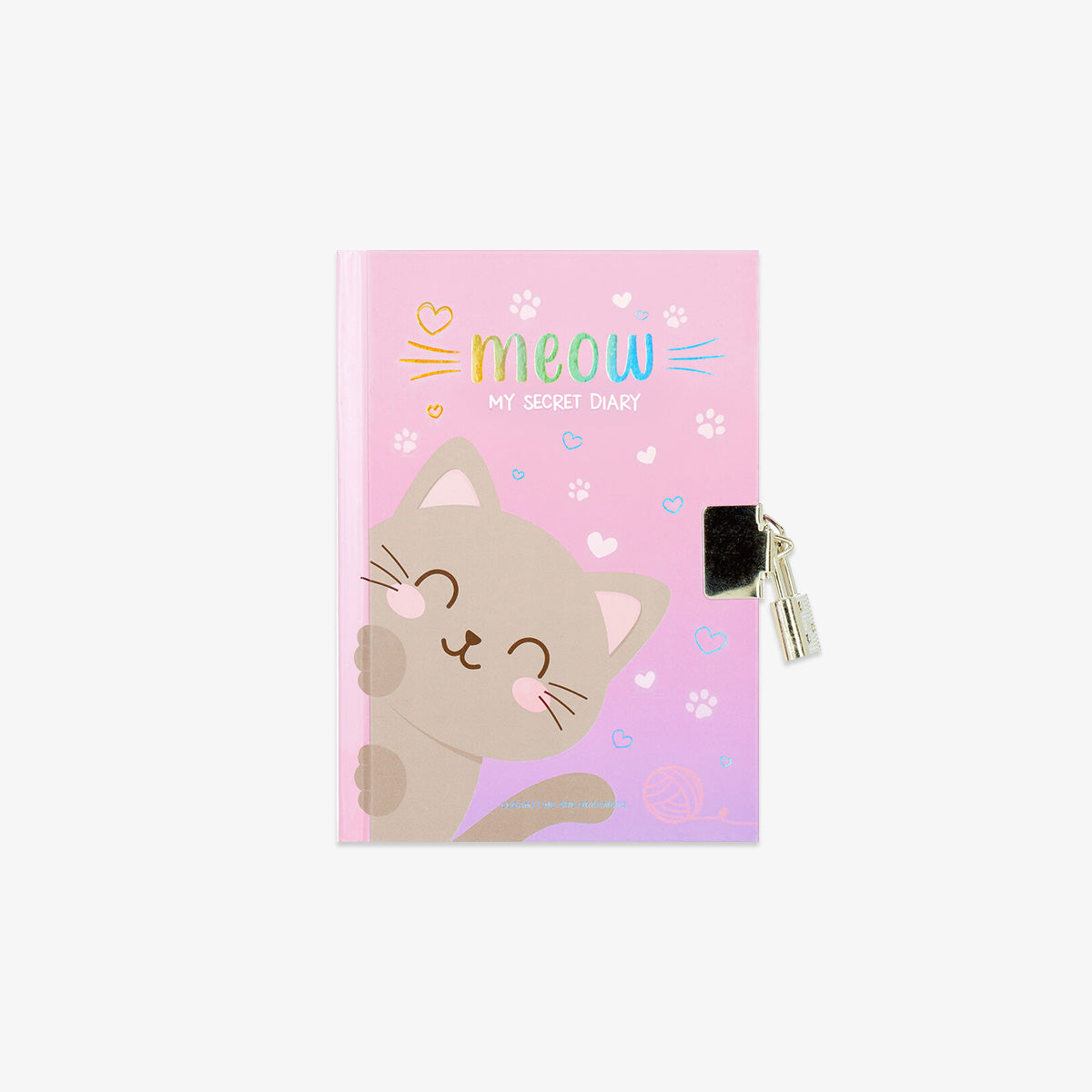 Pink/purple diary with locker, with cute cat design with the text 'Meow, my secret diary'.