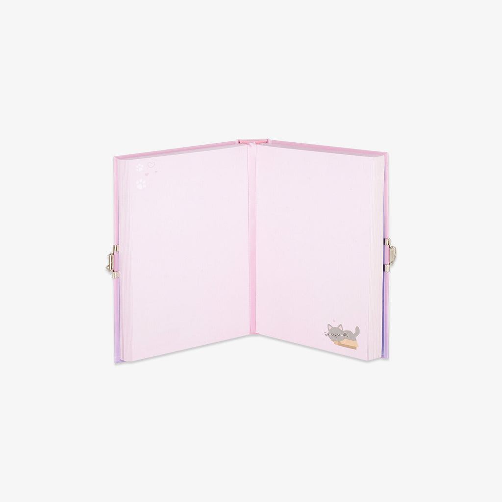 Cat diary with locker open. Pages with cat designs.