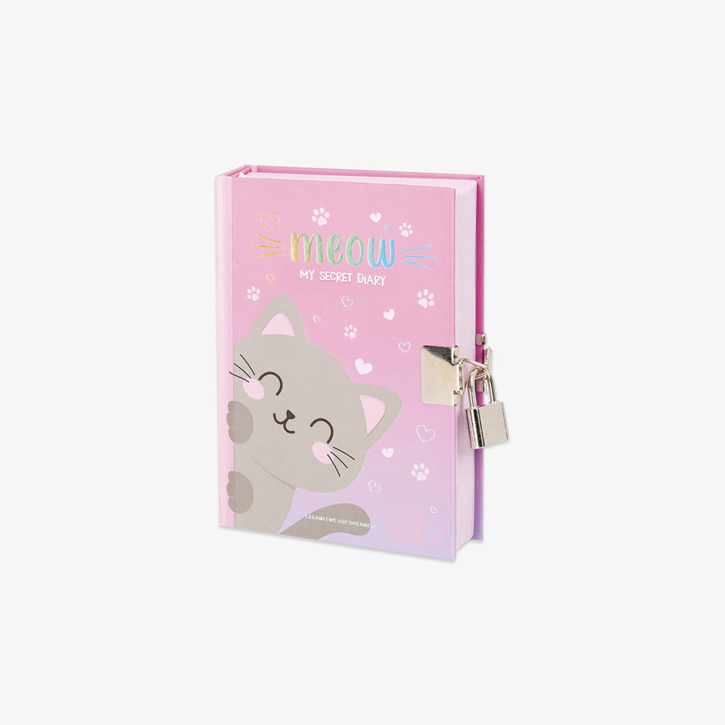 Cat designed diary with locker and with the text 'Meow. My secret diary'.
