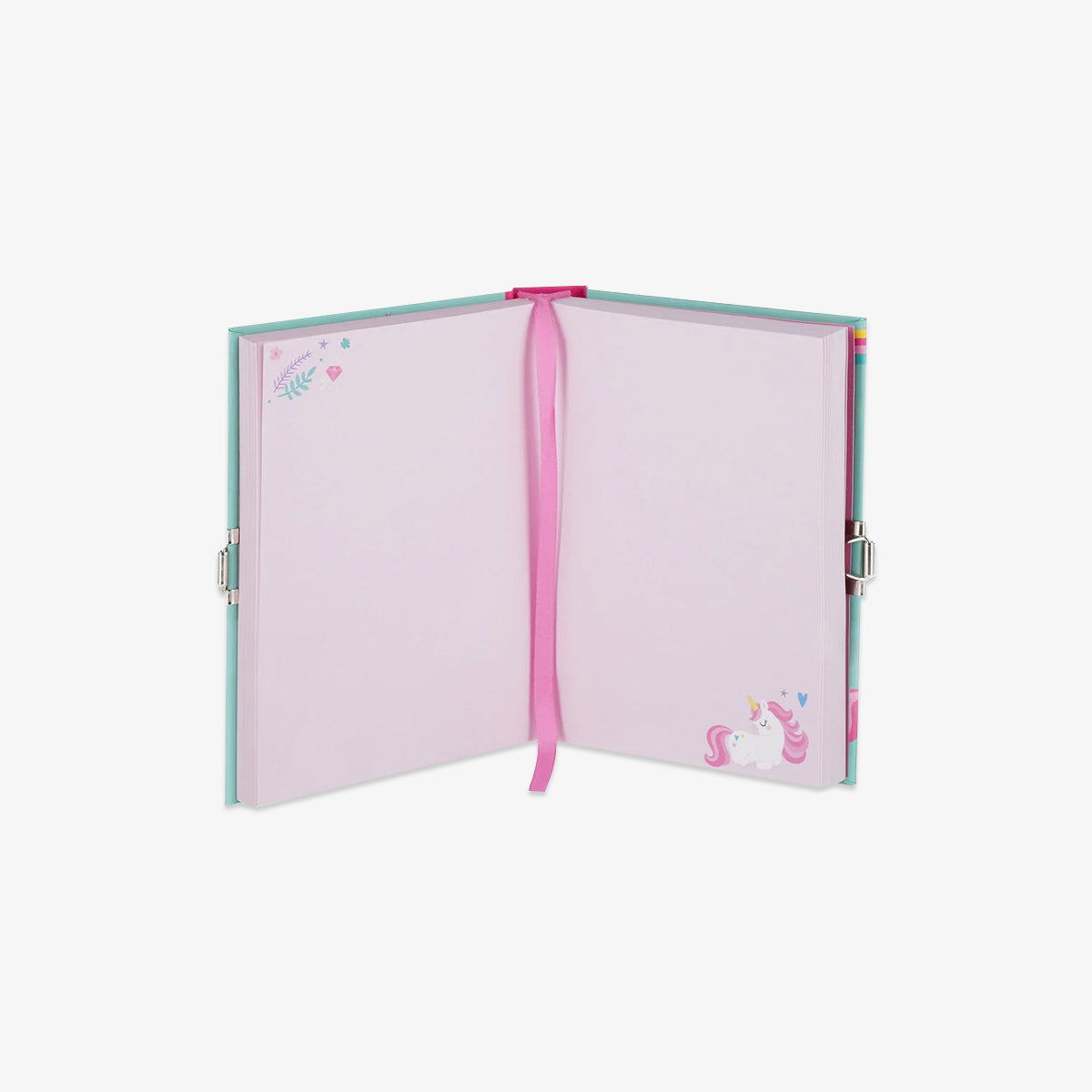 Open notebook with a pink ribbon with unicorn design on a white background