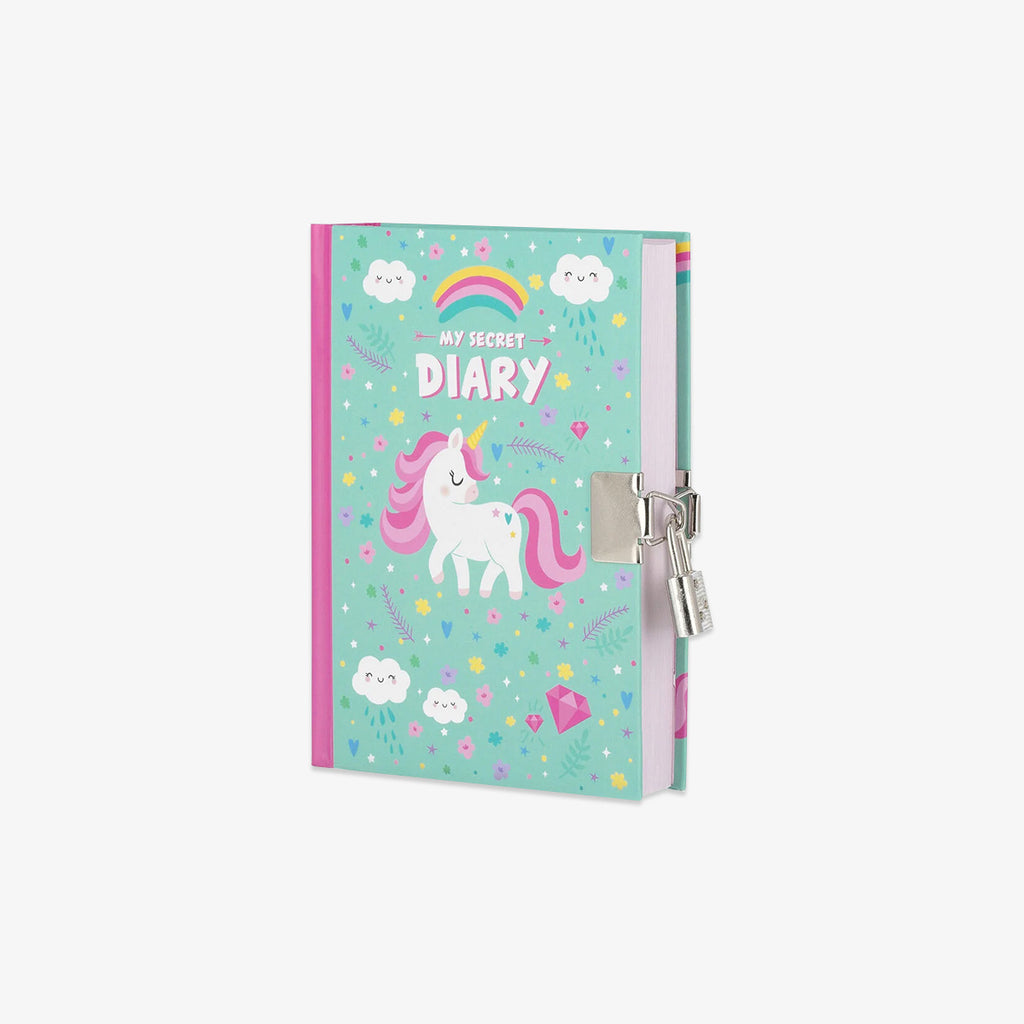 Diary with unicorn design and locker on a light blue background