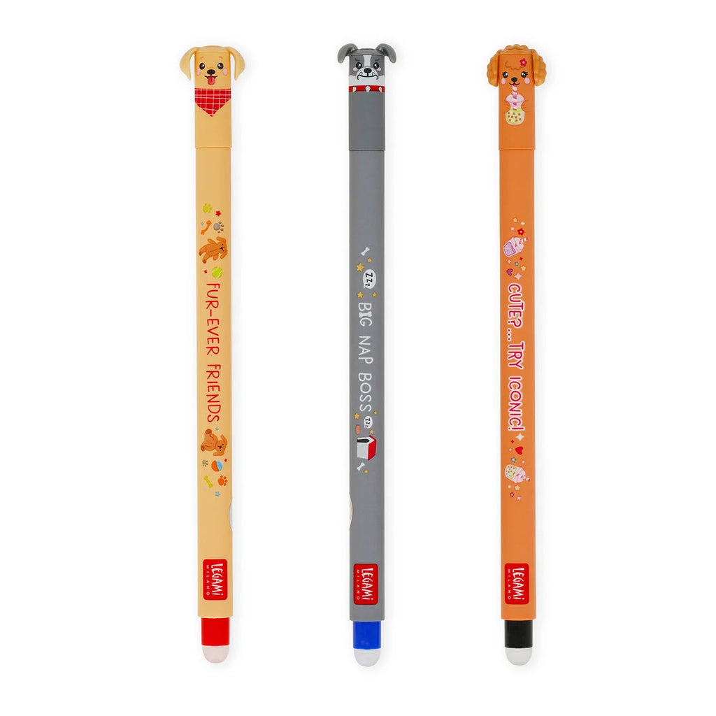Three erasable gel pens with cartoon dog designs and text on a white background
