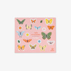 Pack of stickers with butterfly designs on a pink background
