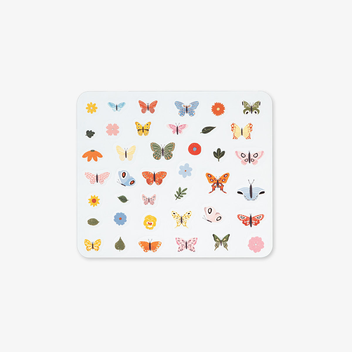Sheet of colorful butterfly stickers on a white background