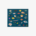 Pack of stickers with colorful fish illustrations on a blue background