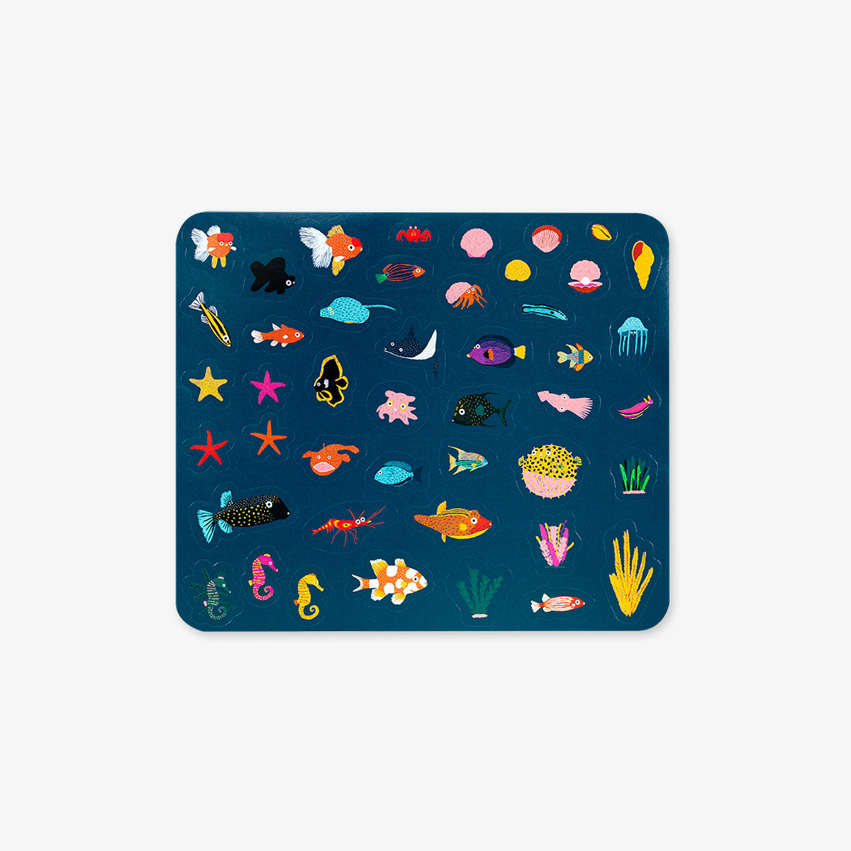 Colorful underwater stickers with various sea creatures on a blue background
