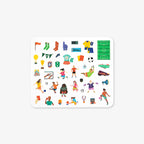 Collection of colorful soccer-themed stickers on a white background
