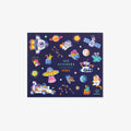 Space-themed stickers with colorful illustrations on a dark blue background