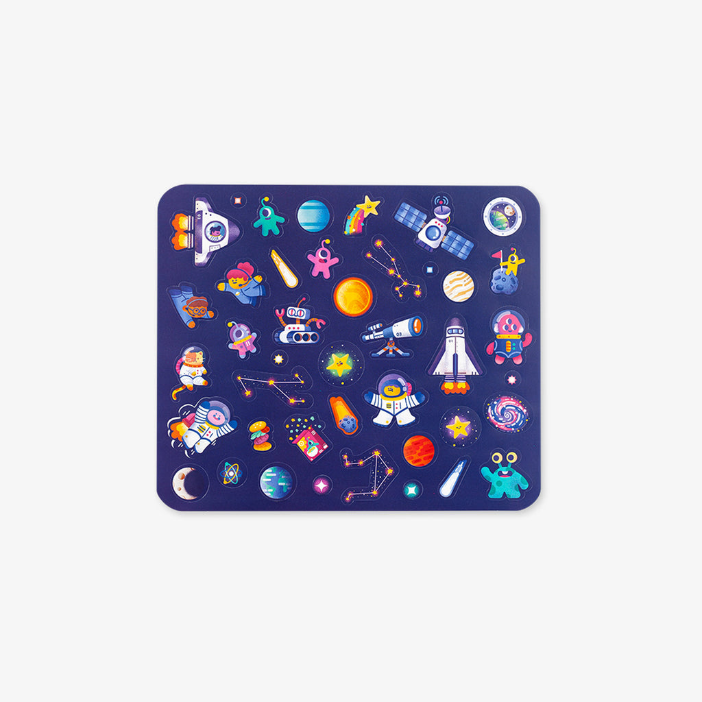 Colorful space-themed stickers with various celestial objects on a white background