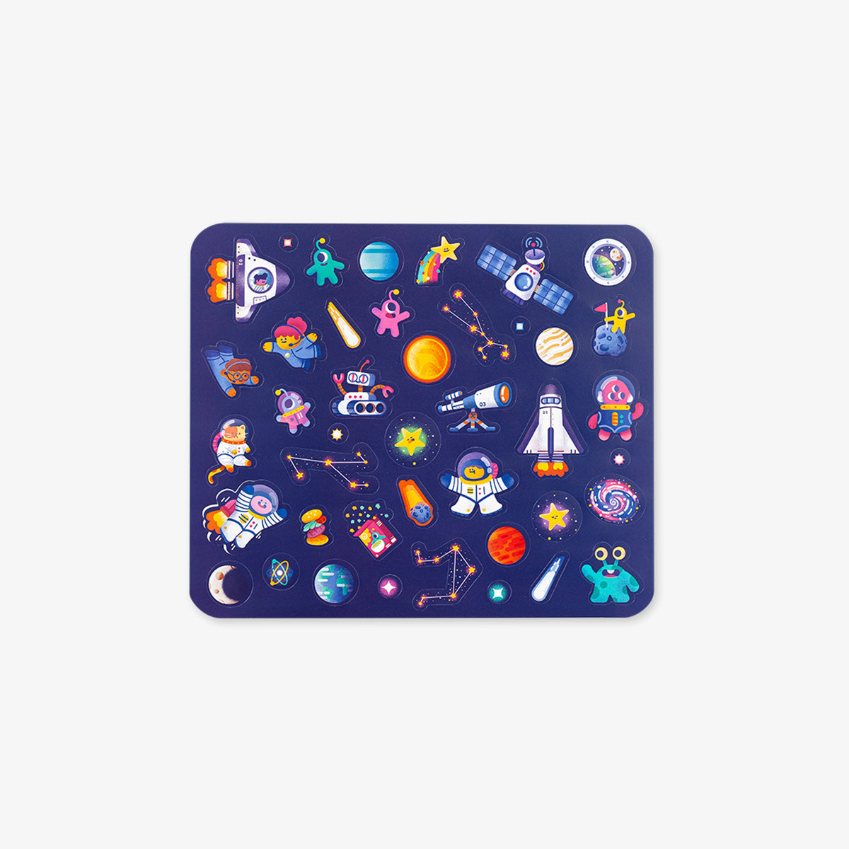 Colorful space-themed stickers with various celestial objects on a white background