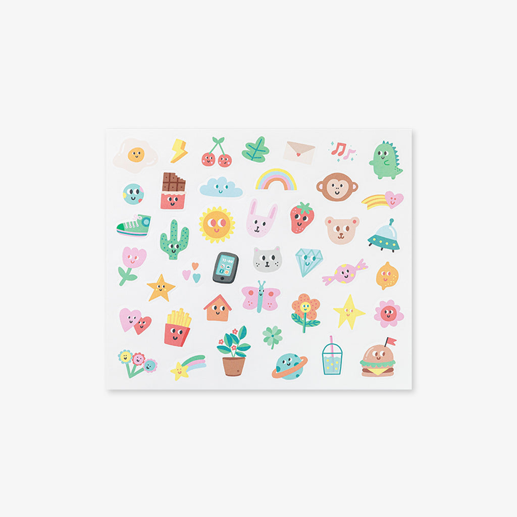 Sheet of colorful stickers with various designs on a white background