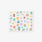 Sheet of colorful stickers with various designs on a white background