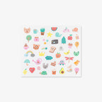 Sheet of colorful stickers with various designs on a white background
