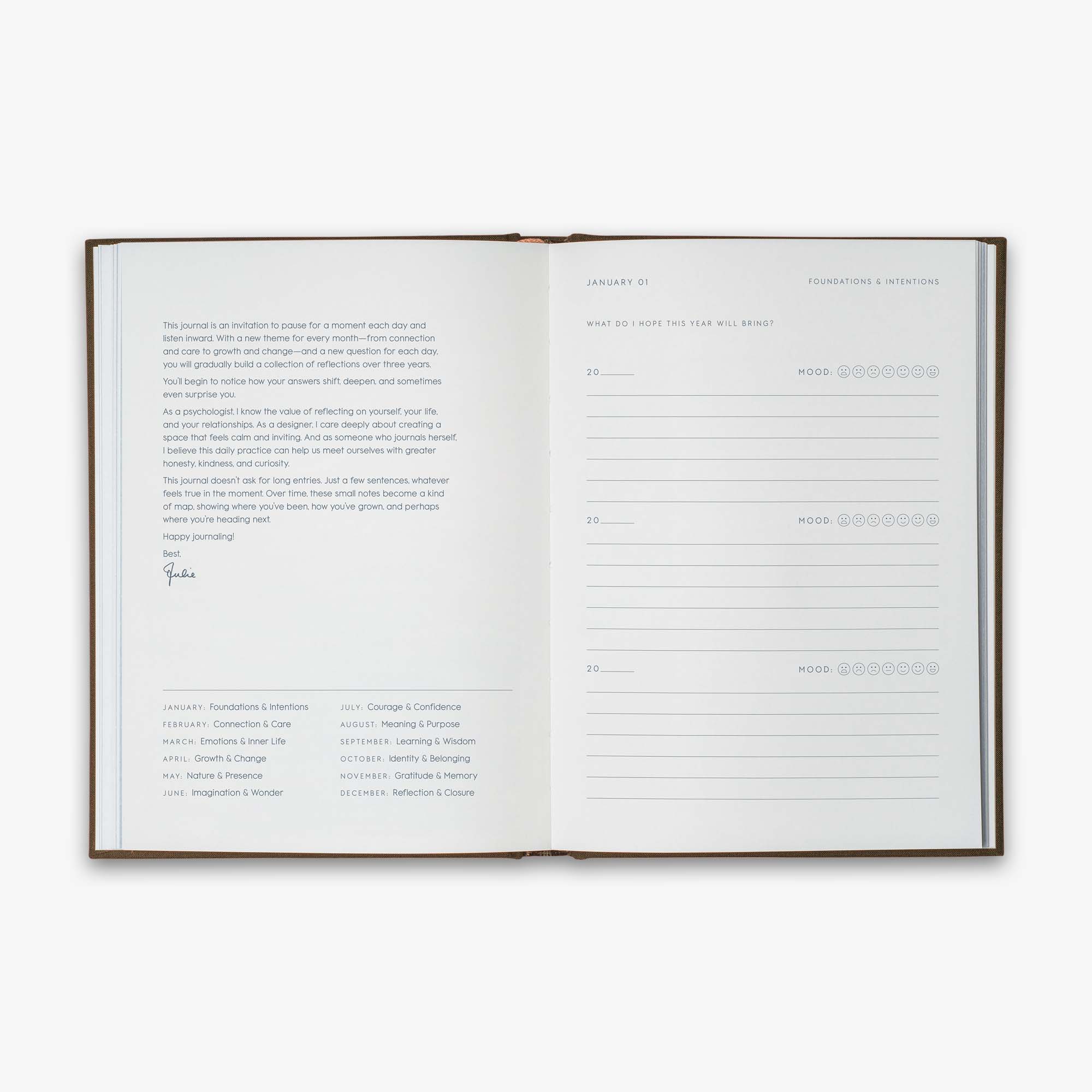 Open book from our Three Year Journal with short description of the purpose of the book and the daily prompts on a white background