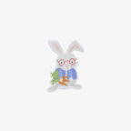 Vinyl sticker rabbit with glasses and a carrot on a white background