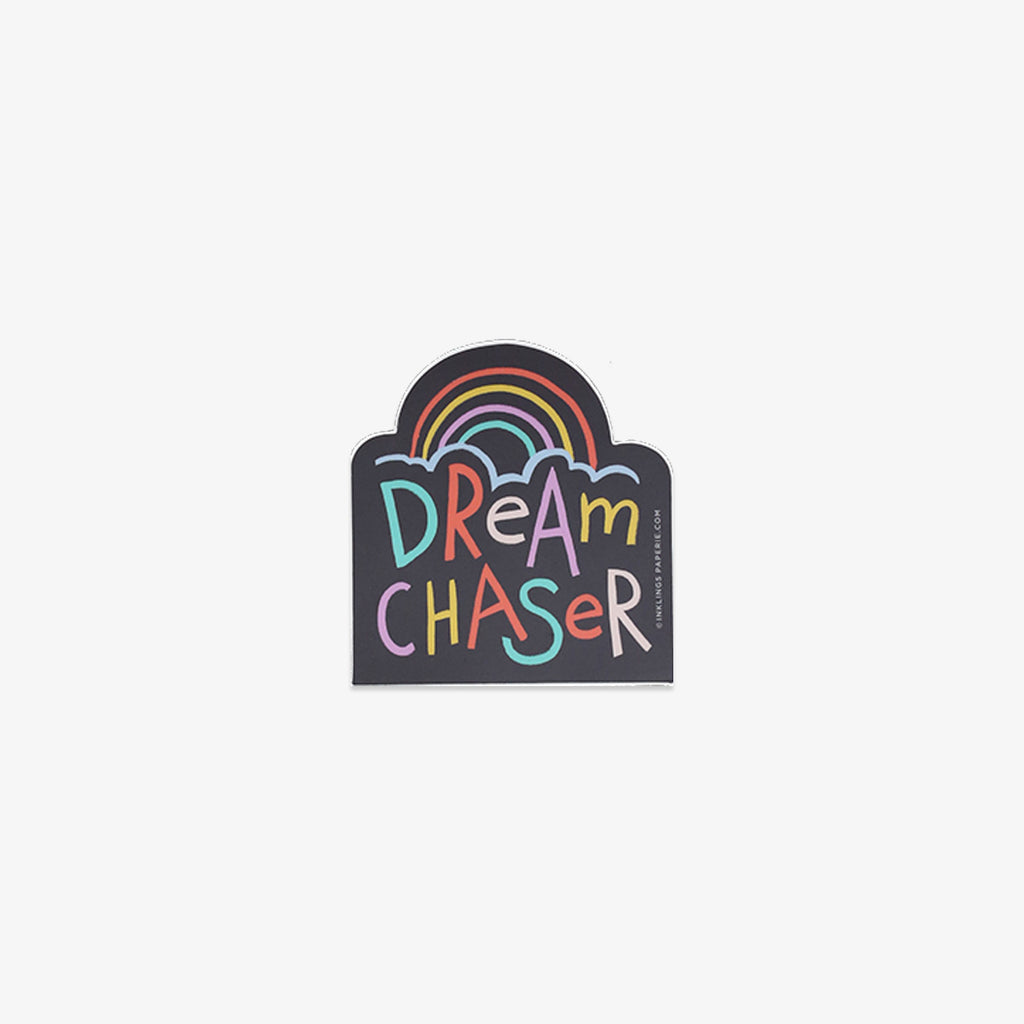 Vinyl sticker with 'Dream Chaser' text and rainbow design on a white background