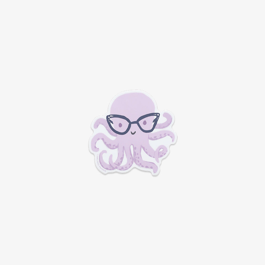 Vinyl sticker with Purple octopus wearing glasses on a light purple background