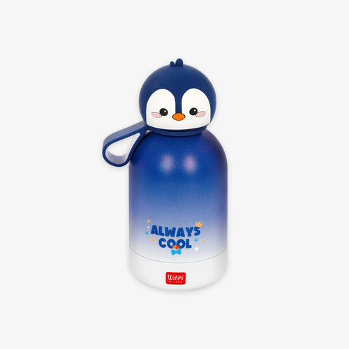 A blue and white insulated water bottle with a penguin character on the lid and the words 'ALWAYS COOL' printed on the front, shown on a light gray background.