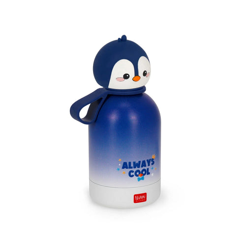 Blue penguin-themed water bottle with 'Always Cool' text on a white background