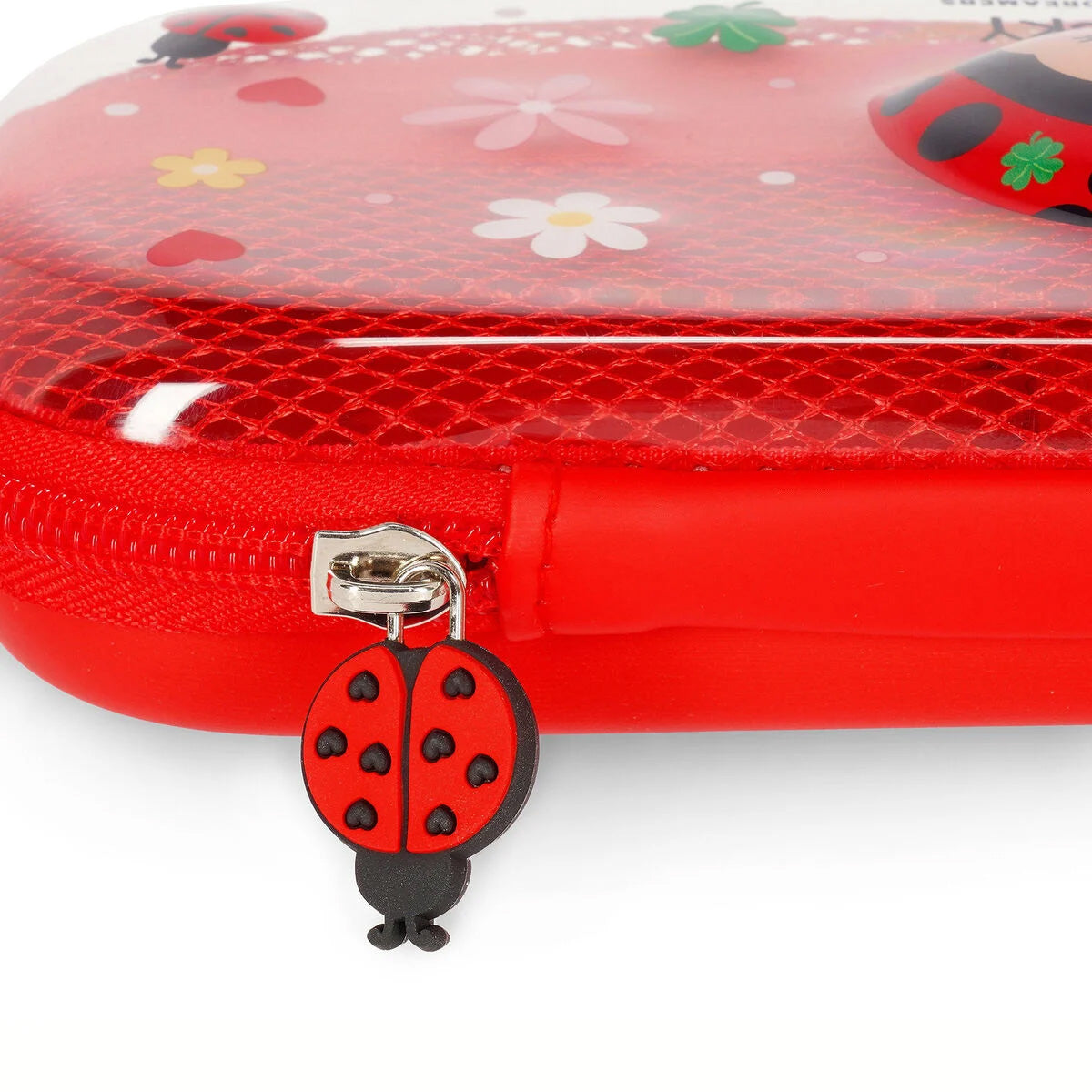 Red case with ladybug design and zipper pull on a white background