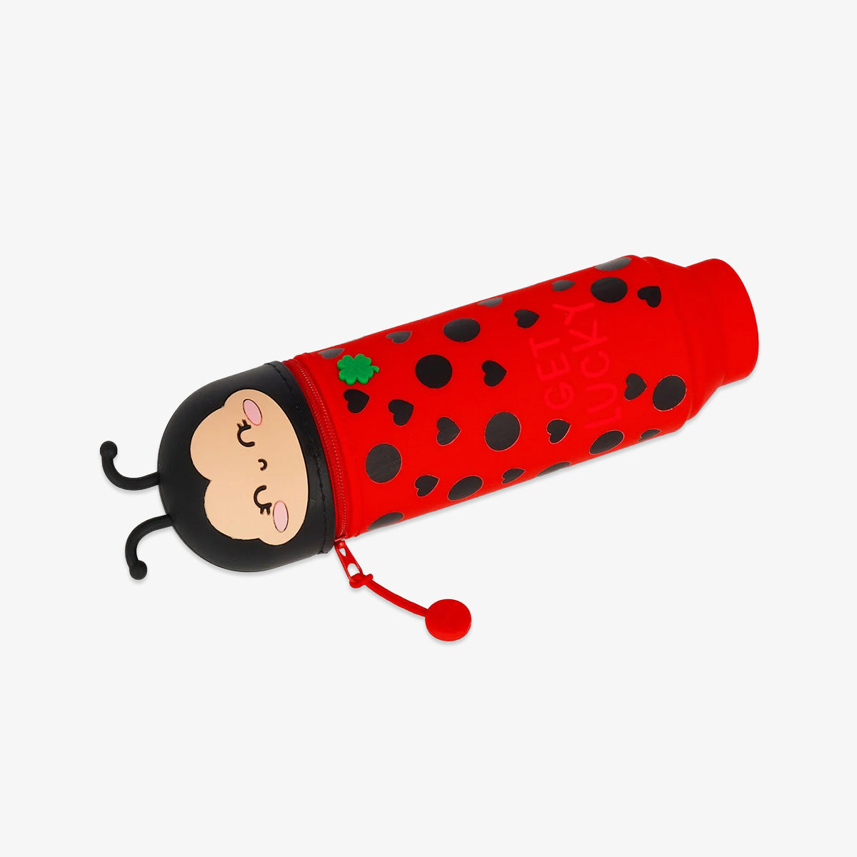 Red ladybug-shaped pencil case with a face on a white background