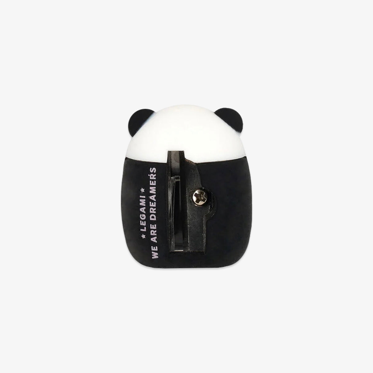 Panda-shaped pencil sharpener with black and white design on a light gray background