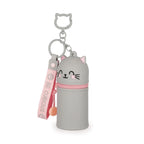 Gray cat-shaped keychain with pink accents on a white background