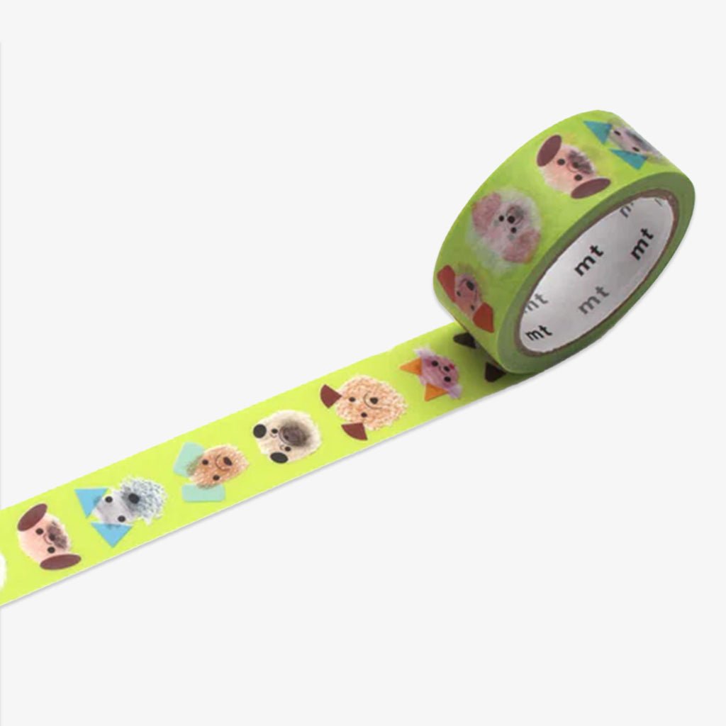 Green washi tape with dog illustrations on a white background
