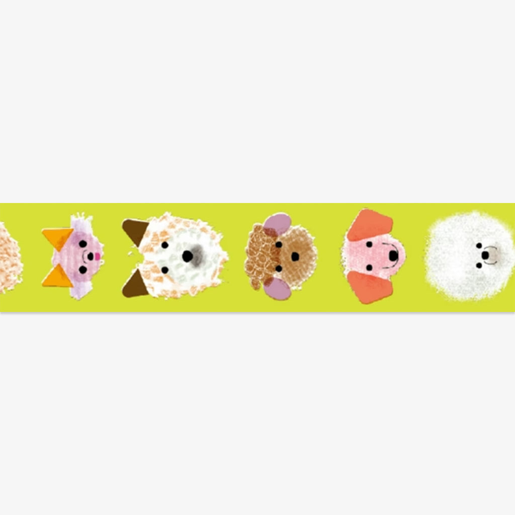 Decorative masking tape with cartoon dog illustrations on a green background