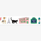 Decorative border with illustrations of a dog, Eiffel Tower, cat, house, and street sign on a white background.