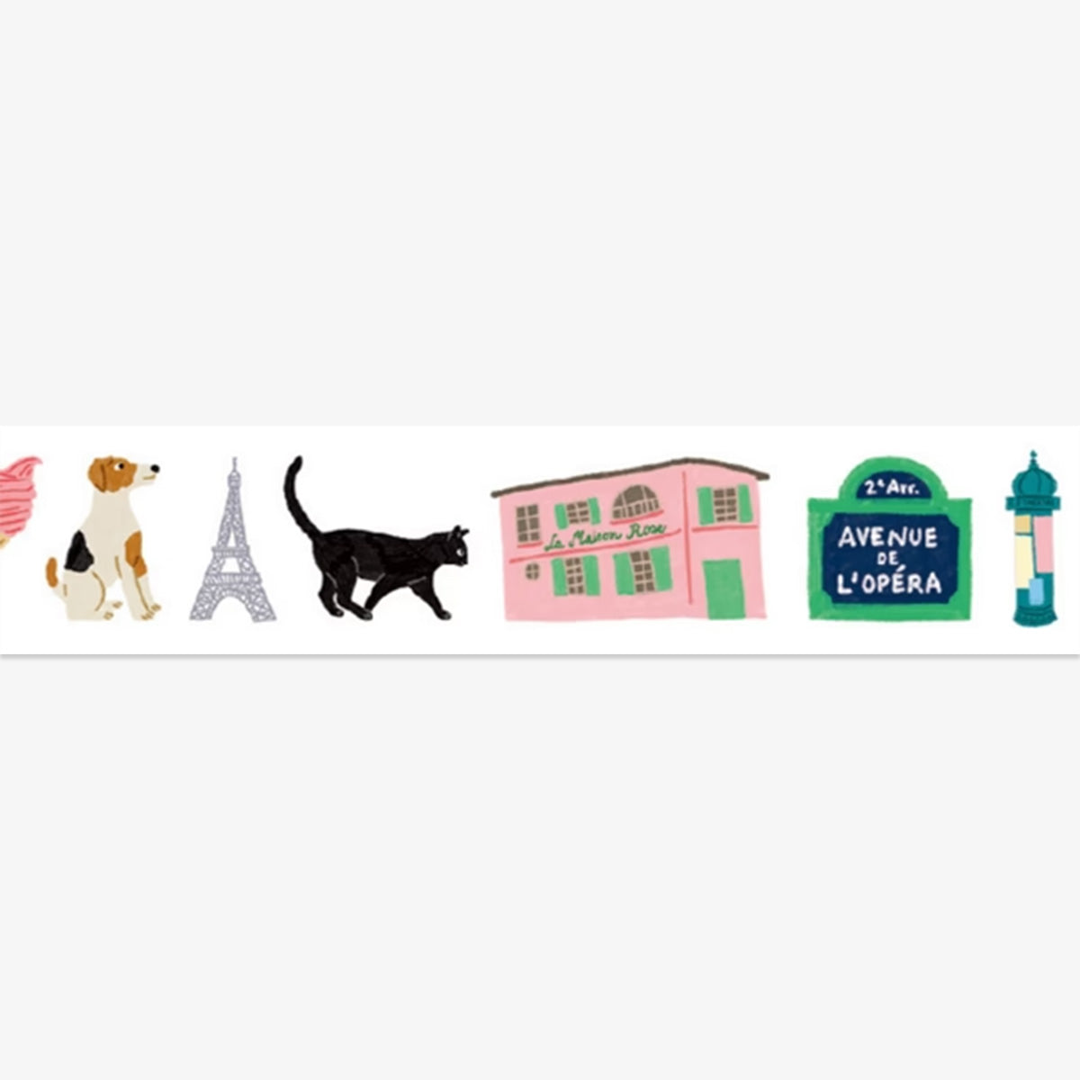 Decorative border with illustrations of a dog, Eiffel Tower, cat, house, and street sign on a white background.