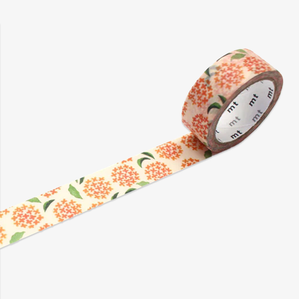 Floral-patterned tape with 'mt' branding on a white background