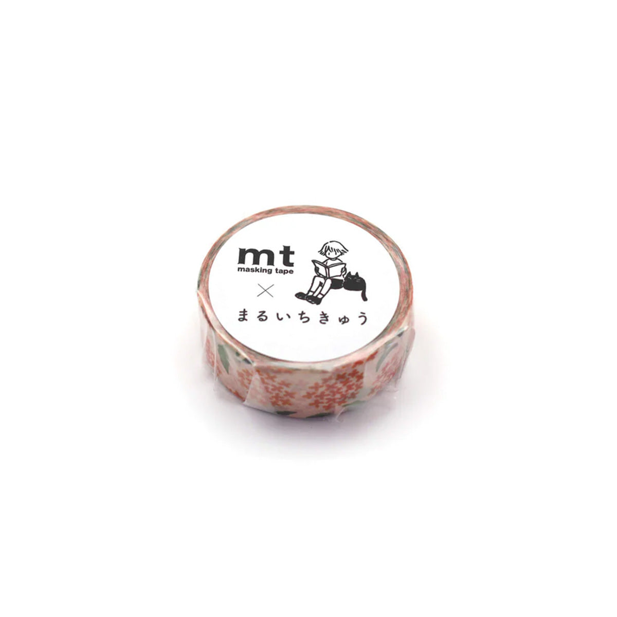 Roll of mt masking tape with a white label on a white background