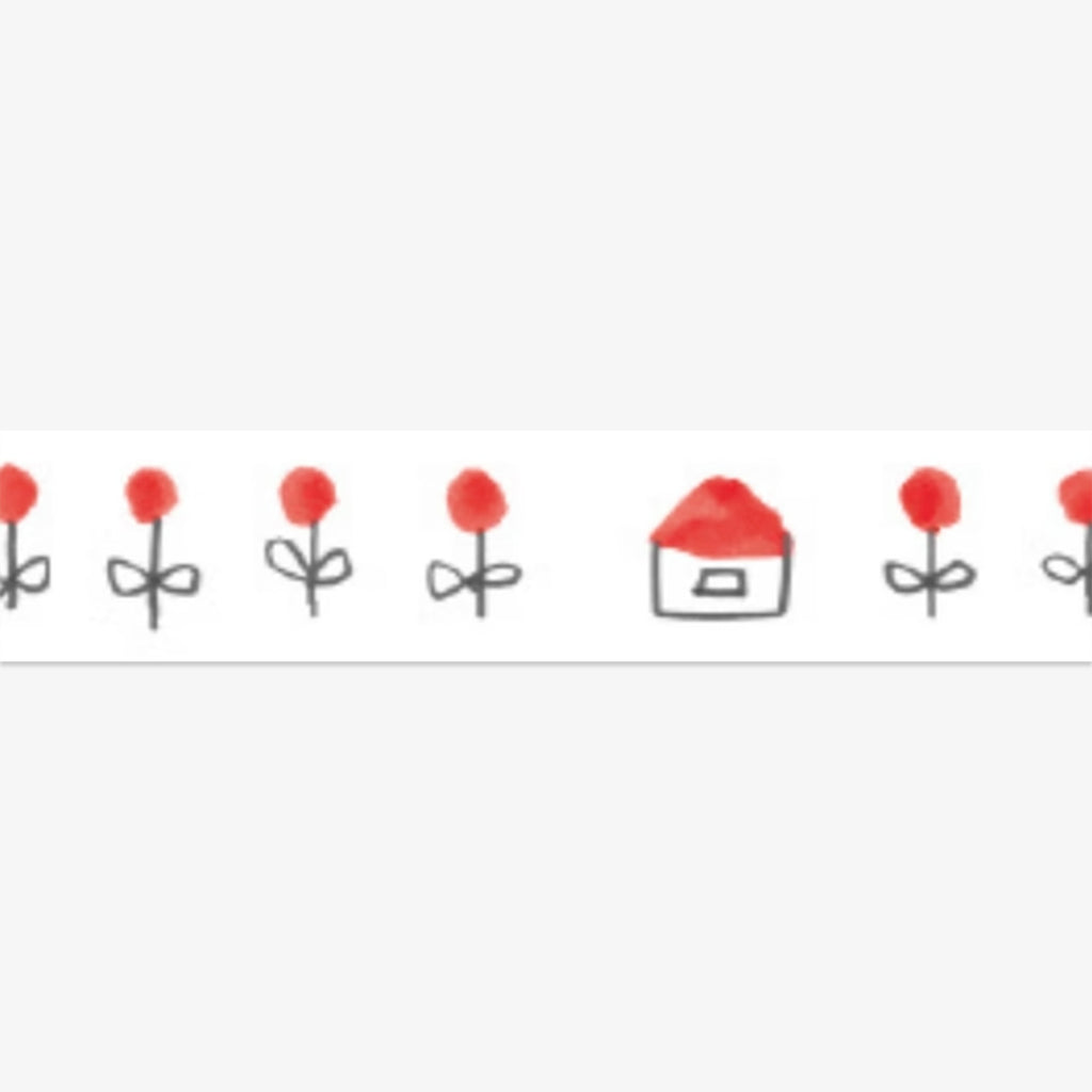 Decorative tape with red flowers and a house on a white background